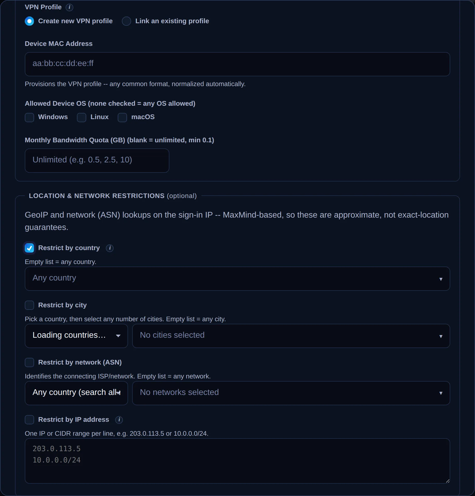 Login Restrictions section on the Add User dialog